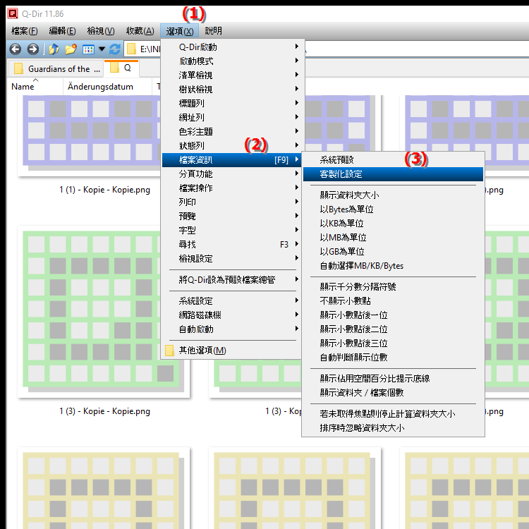 我可以在四元檔案瀏覽器 Q Dir 中自訂檔案大小嗎